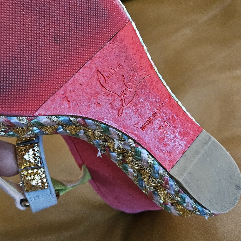 Christian Louboutin Pyraclou Suede Multicolor Gold Accent Wedges Sz 4 US - Picture 13 of 15